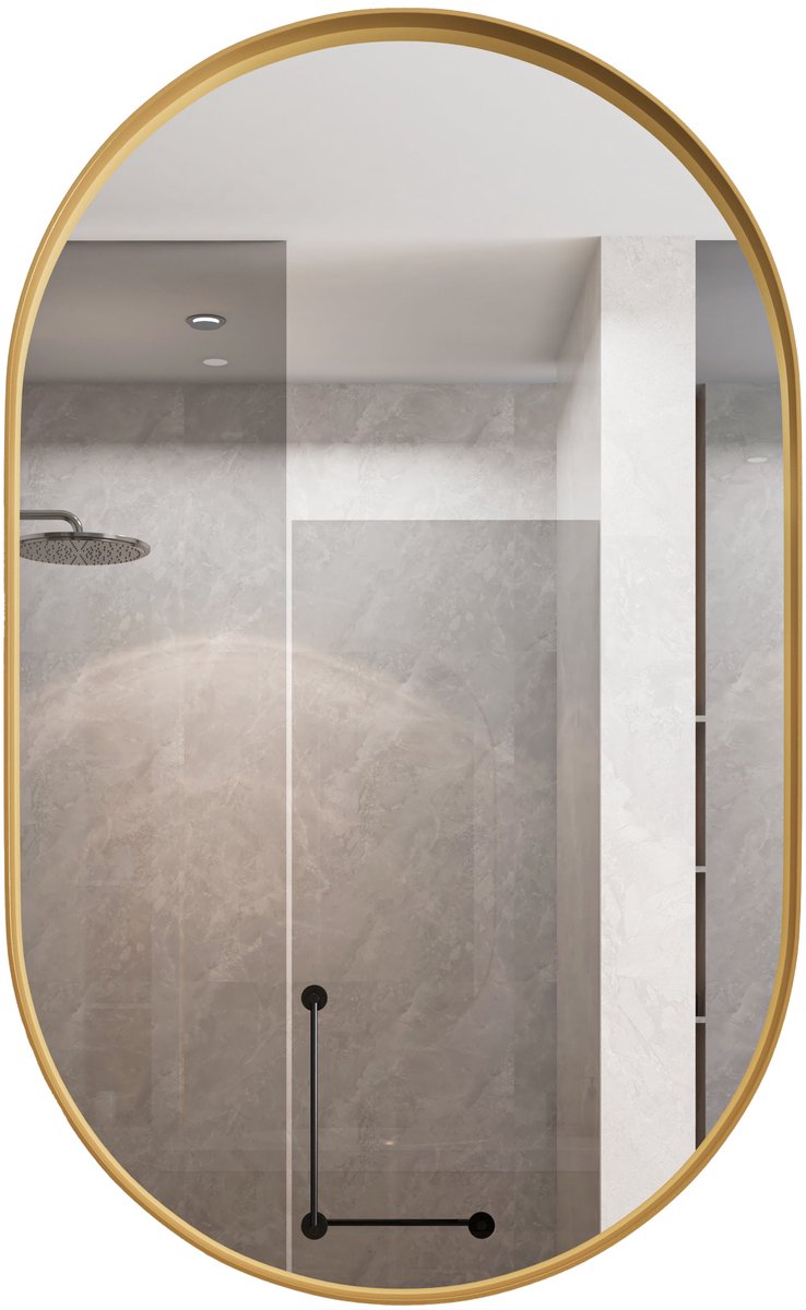 Merax Ovale Spiegelkast – Luxe Wandkast met Metalen Frame – Spiegelkast met Verstelbare Planken – Inbouw of Opbouw – Goud – 85×51.5×12 cm