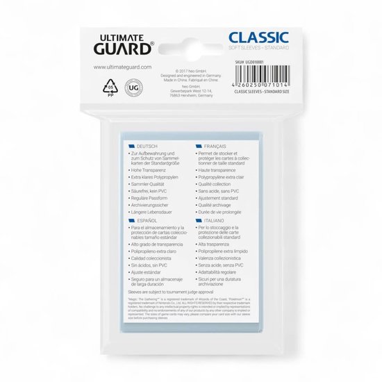Verpakking met Classic sleeves, standaardmaat. Met info in DE, FR, ES, IT. Afmeting 66x93 mm.