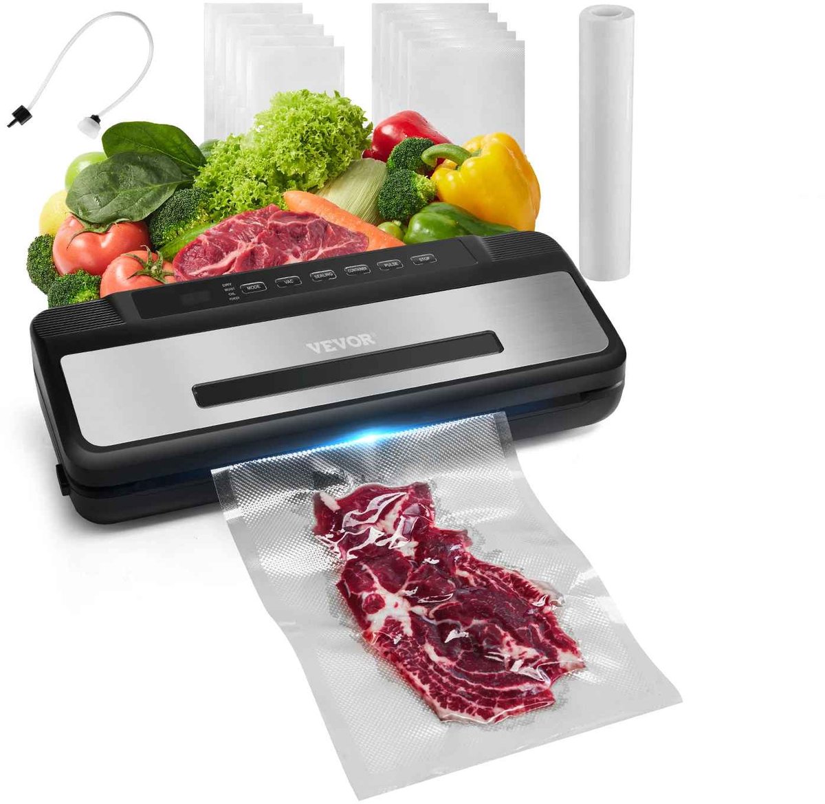 De Warenloods - 7-in-1 Elektrische Vacumeermachine - Incl. Vacuumzakken - Voor Sous Vide Koken - Ingebouwd Snijmes - Vacuum Sealer - 38 x 15 cm
