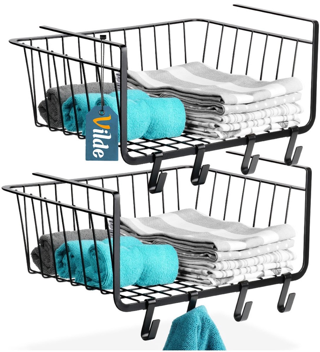Onder Plank Hangende Metaal Zwart 40,5x26x16 cm 2 stuks - Mand - Plankmand - Organizer - Mandje - Opslagmand voor Keuken - Kantoor - Pantry - Badkamer - Kabinet