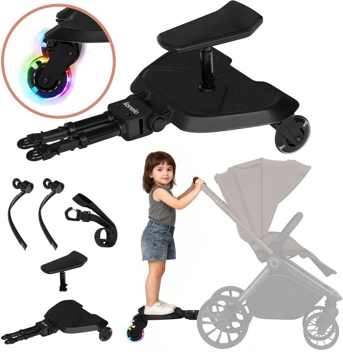 Lionelo Buggy Board Meerijdplankje - Kinderwagen-opstapje - Zit- en Sta-optie - Universeel - LED-wielen - Verstelbaar Zitje - Antislip Platform - Tot 25 kg - 2-5 jaar - Eenvoudige Montage van Lionelo