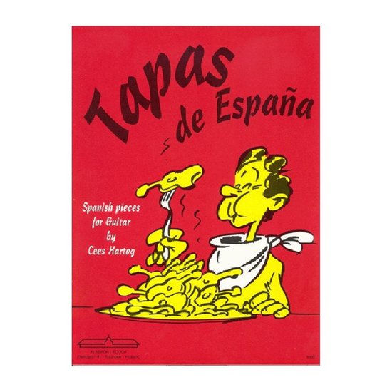 Muziekboek 'Tapas de España' met een cartoon van een man die een vork met spaghetti eet.
