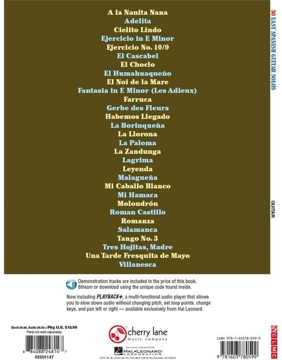 Achterkant van 30 Easy Spanish Guitar Solos, met lijst van demo-tracks en informatie over de app.