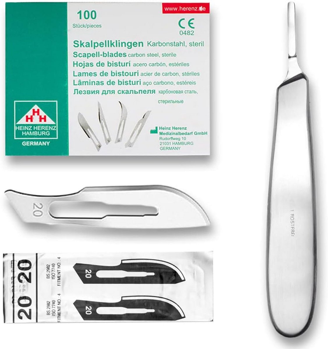 100x Steriele Scalpelmessen Figuur 20 van Koolstofstaal + Gratis Scalpelhouder 14cm