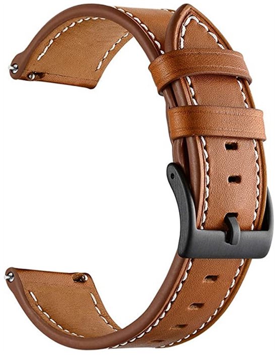 Bruin leren horlogebandje met witte stiksels en zwarte gesp.