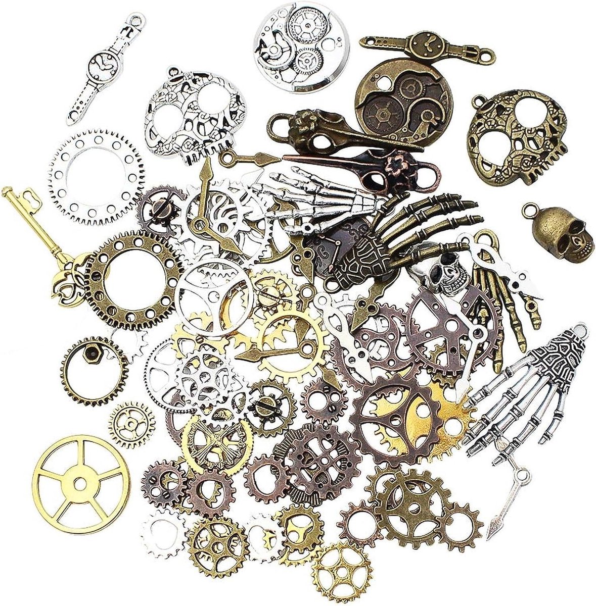 Allecta - Steampunk-hanger met metalen wielen en schedel - 76 stuks - Antieke look - Sieraden maken - Brons, koper, goud, zilver