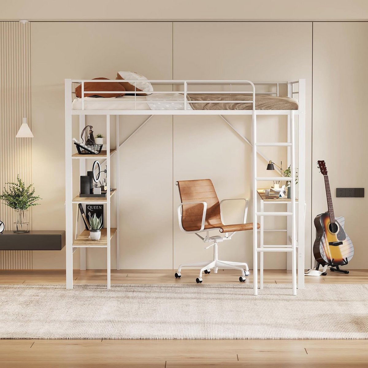 Metalen hoogslaper met bureau en planken voor kinderen en volwassenen - 90 x 200 cm