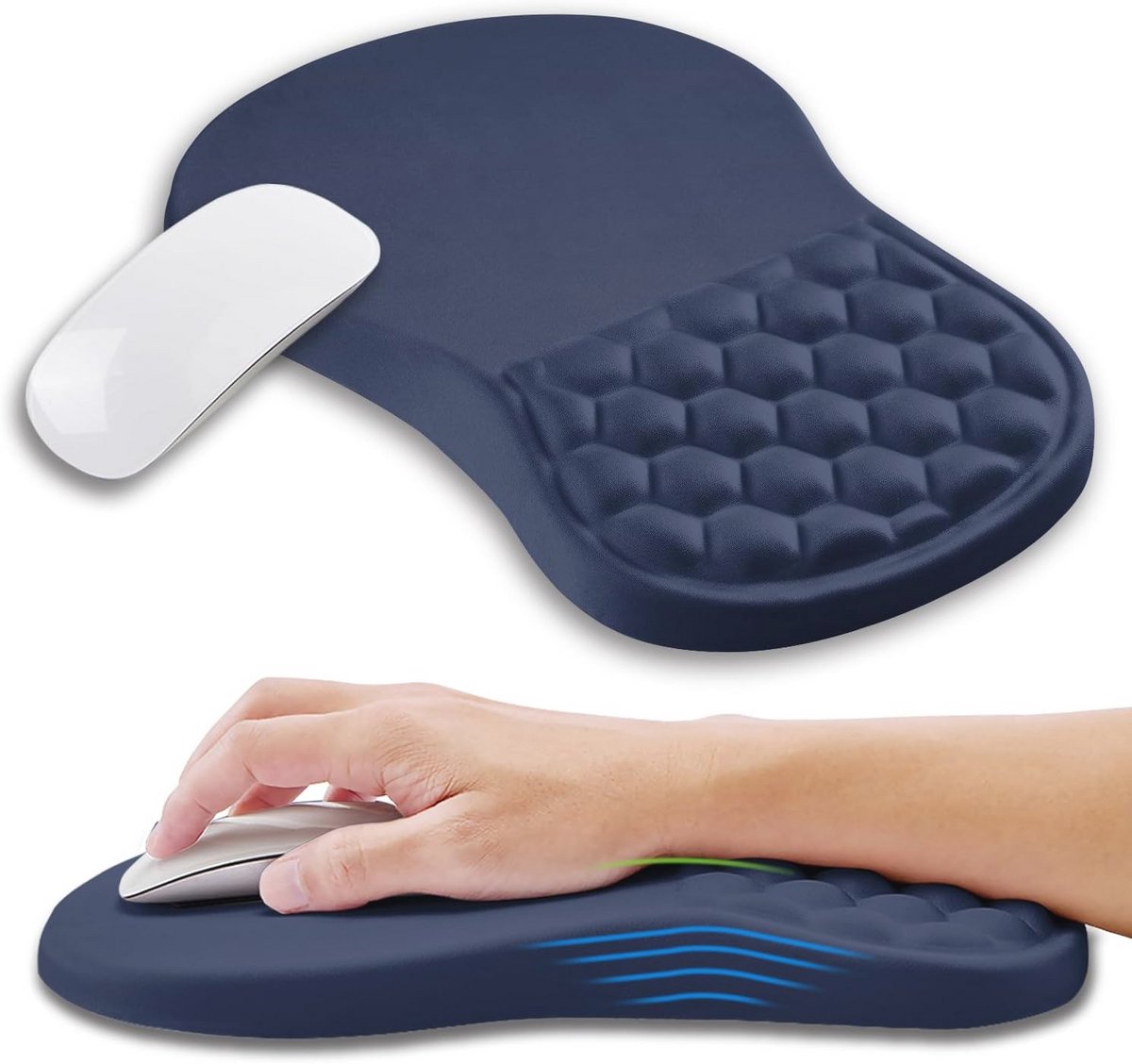Ergonomische muismat met traagschuim polssteun en massagefunctie voor pijnverlichting (30 x 20 cm, donkerblauw)