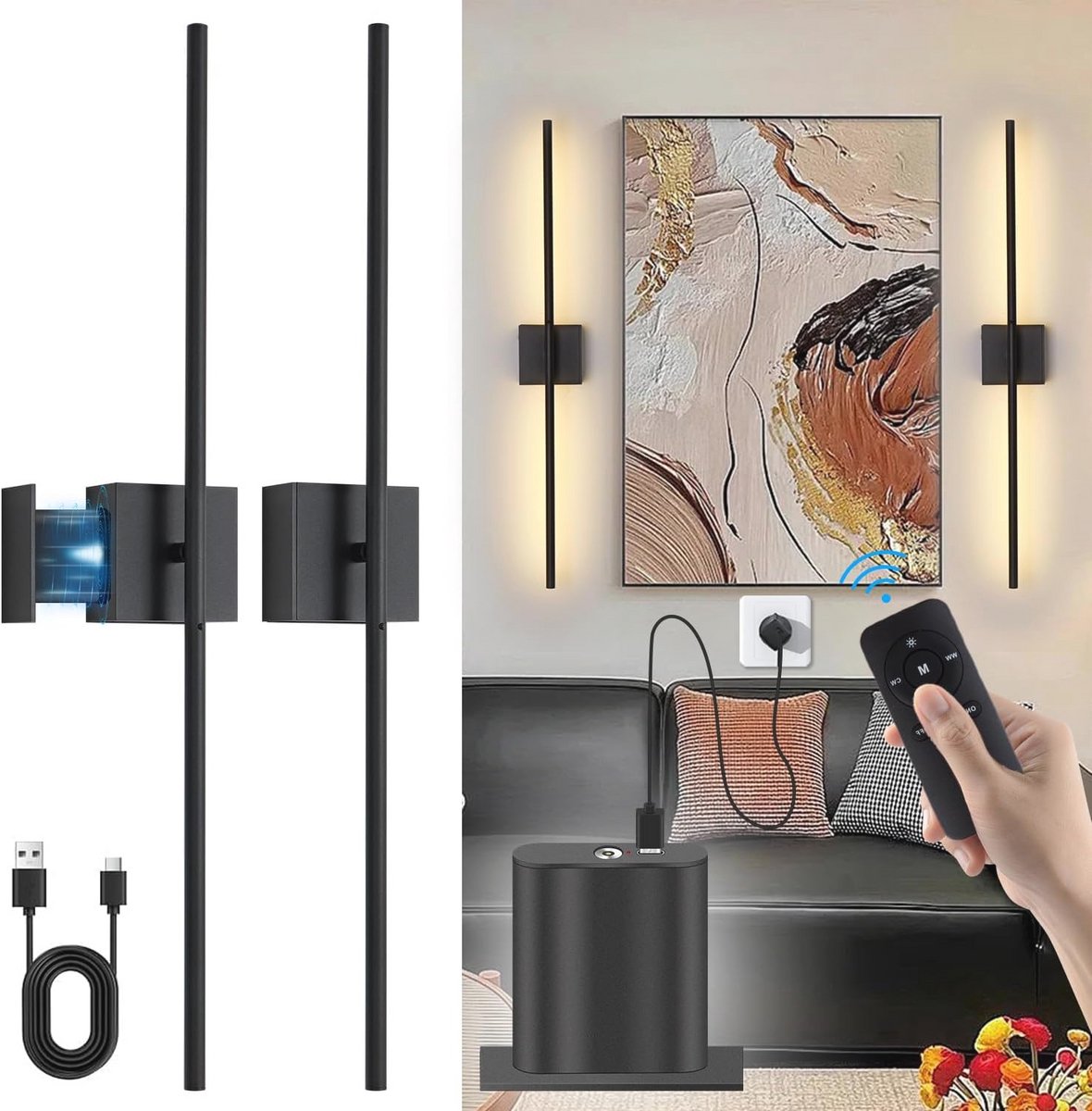 Dimbare Oplaadbare Wandlamp met Afstandsbediening - Snoerloze LED Nachtlamp - 350° Rotatie - 6000 mAh Batterie