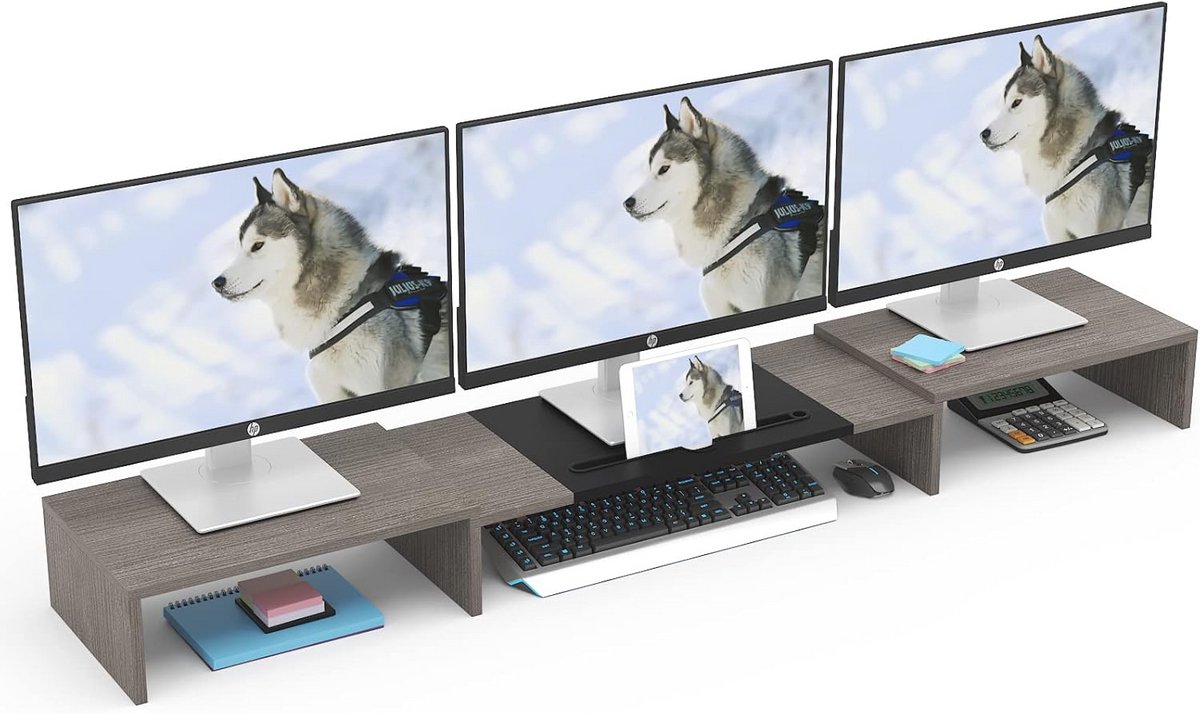 Triple Monitor Stand Riser voor 3 Schermen - 56" Extra Lang en Verstelbaar - Houten Bureau Organizer