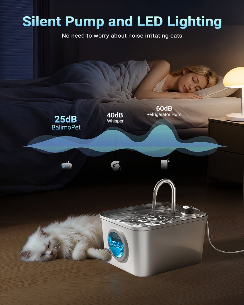 BalimoPet Drinkfontein Kat en Hond -Roestvrijstalen pallet - Kattenfontein 2.5L - Waterdispenser Met LED - Incl. 6 Filters en cleaning tool + 6 sponzen - Fluisterstil thumbnail 4