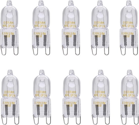 Tien heldere halogeenlampen met G9-fitting, met zichtbaar gloeidraad en 230V 20W specificaties.