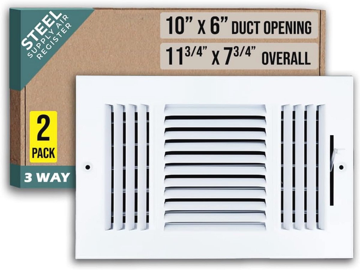 Stalen Luchttoevoer Diffuser 10" x 6" - 3-Weg Register Vent Cover Grill voor Zijwand en Plafond - Wit