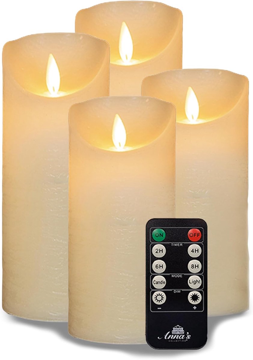 4 grote LED-pilaarkaarsen in ivoorkleur, diameter 10 cm x 20 cm en hoogte 10 cm x 25 cm - elk vereist 2 C-batterijen - LED-kaars met flikkereffect en timer - grote vlamloze LED-kerstverlichting