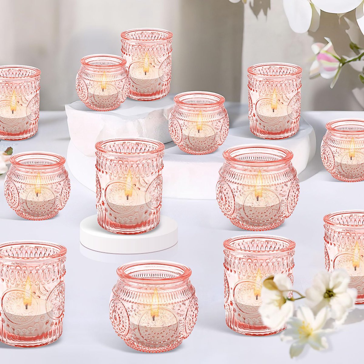 Unyqoos Set van 24 decoratieve roze glazen theelichthouders voor sfeervolle momenten