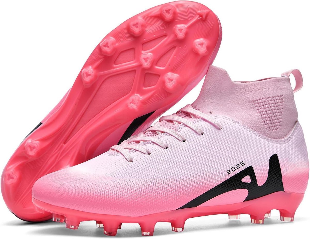 Professionele hoge voetbalschoenen in roze met spikes, ontworpen voor heren en jongens, geschikt voor kunst- en natuurgras.
