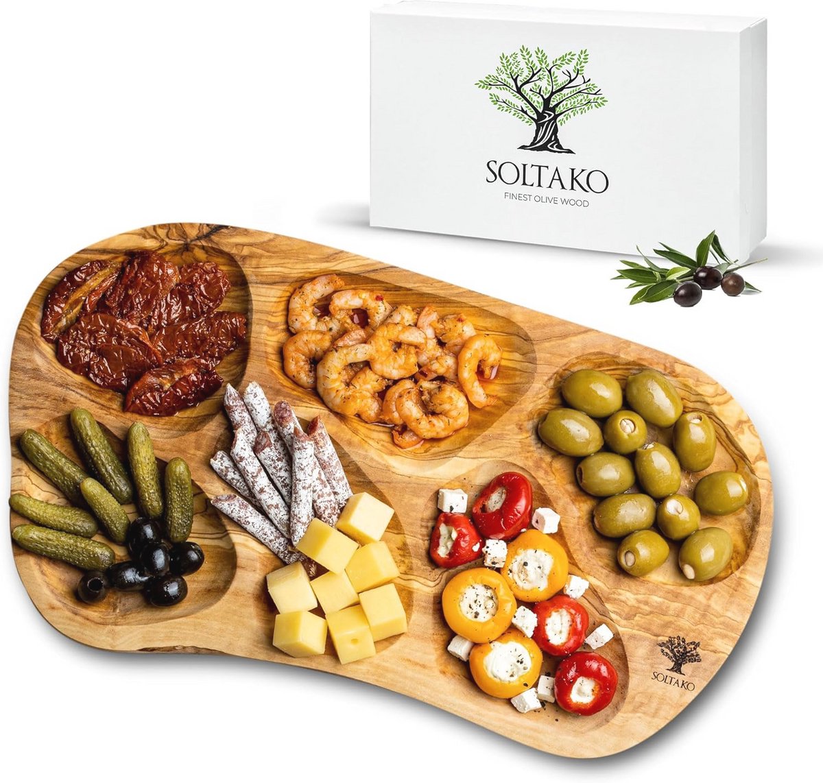 Grote rustieke snackschaal van olijfhout - Dipschaal en Tapasbord voor hapjes