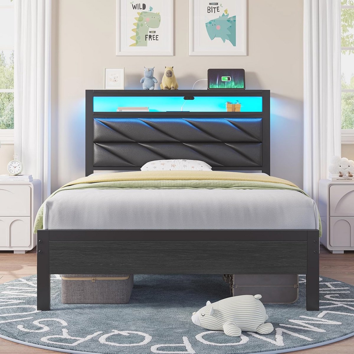 Twinsize Bedframe met Oplaadstation en Opbergruimte - Geluidsvrij en Eenvoudig te Monteren