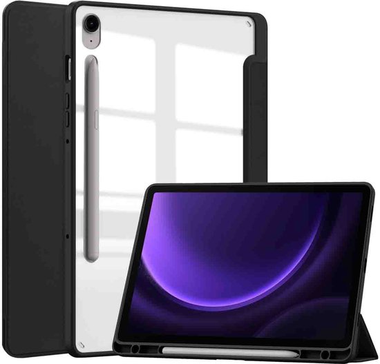 Étui pour tablette noir avec dos transparent, un stylet et l'écran de la tablette dans des tons violets.