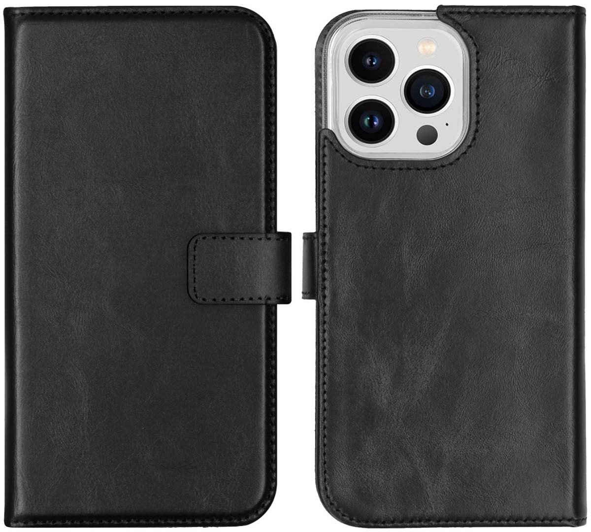 Selencia Hoesje - Geschikt voor Apple iPhone 14 Pro Max - Echt Lederen Bookcase - Zwart
