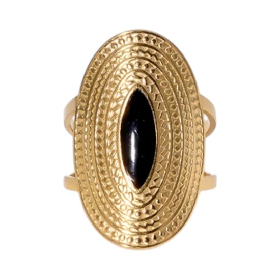 Gouden ovale ring met een zwarte steen en een dubbele band.