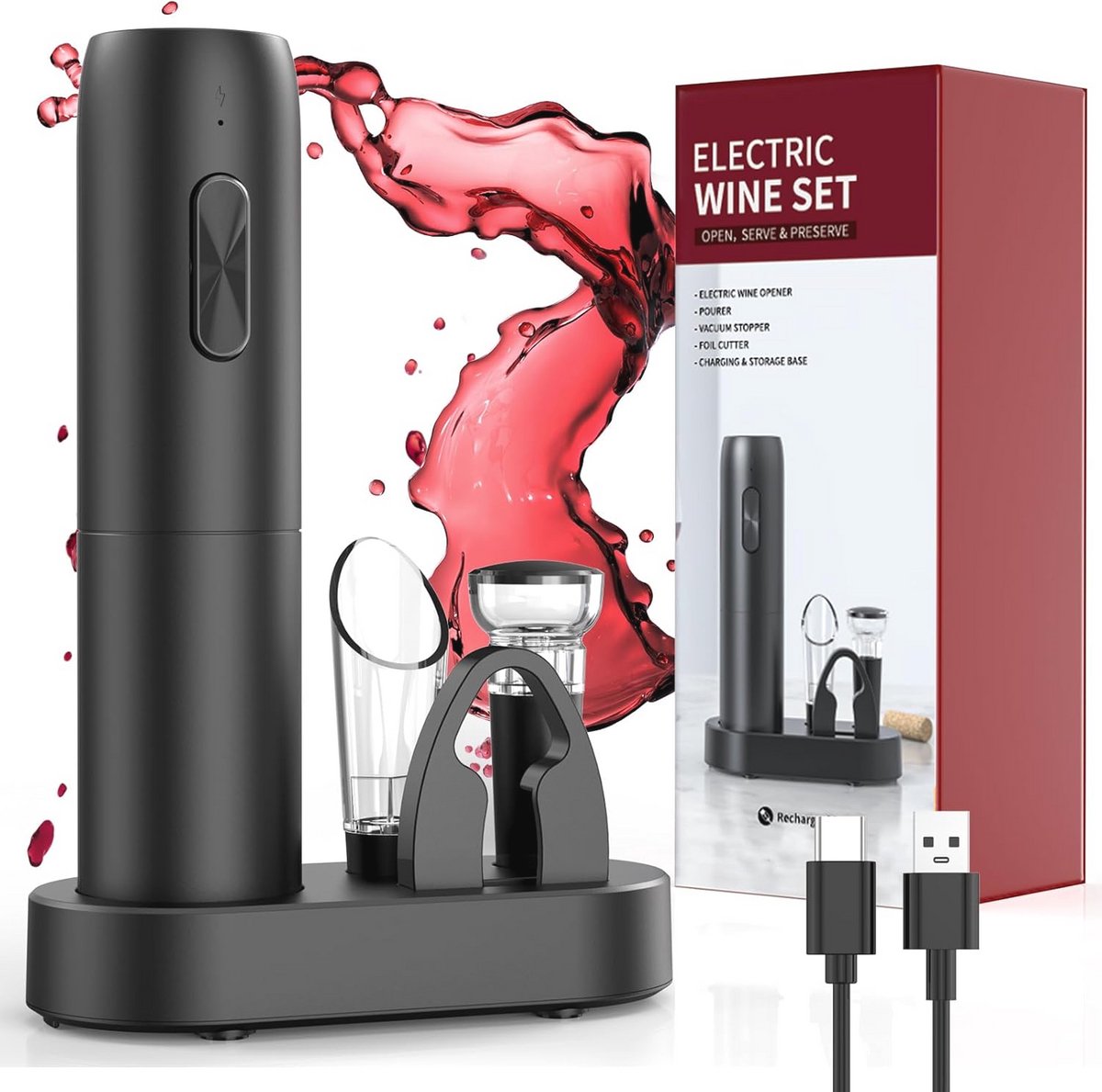 Oplaadbare elektrische kurkentrekker en wijnaccessoire set, 6-in-1, perfecte cadeau