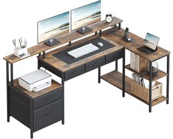 Seventable L-vormig bureau met stopcontact en LED, computerbureau met laden en archiefkast, omkeerbaar thuiskantoor bureau met opbergplanken, hoekgamingbureau met monitorstandaards, vintage bruin