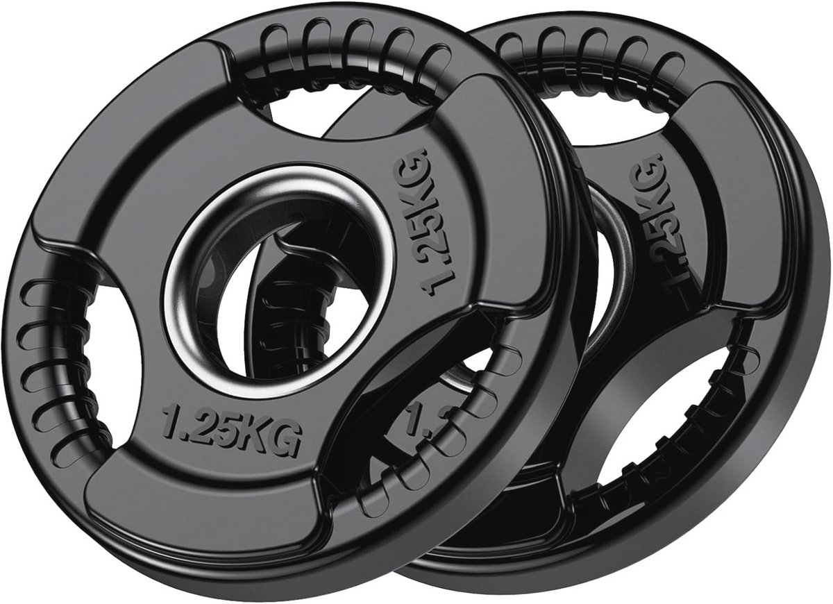 PhysKcal Olympische halterschijven met rubberen afwerking 2 '' opening en Tri-Grips, zwarte halterschijven in paar of enkel voor tillen en krachttraining, massieve gietijzeren kerngewichten set voor