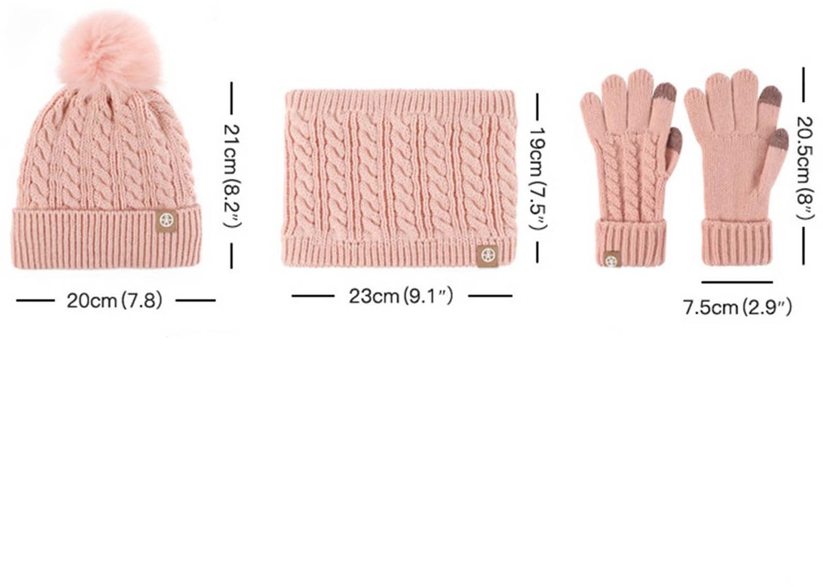 Wintermuts, handschoenen en sjaalset voor kinderen, kindermutsen, muts met pompon, gebreide hals, warme handschoenen, cadeau voor meisjes van 5-10 jaar, roze — cadeau in Mode & Accessoires - foto 3