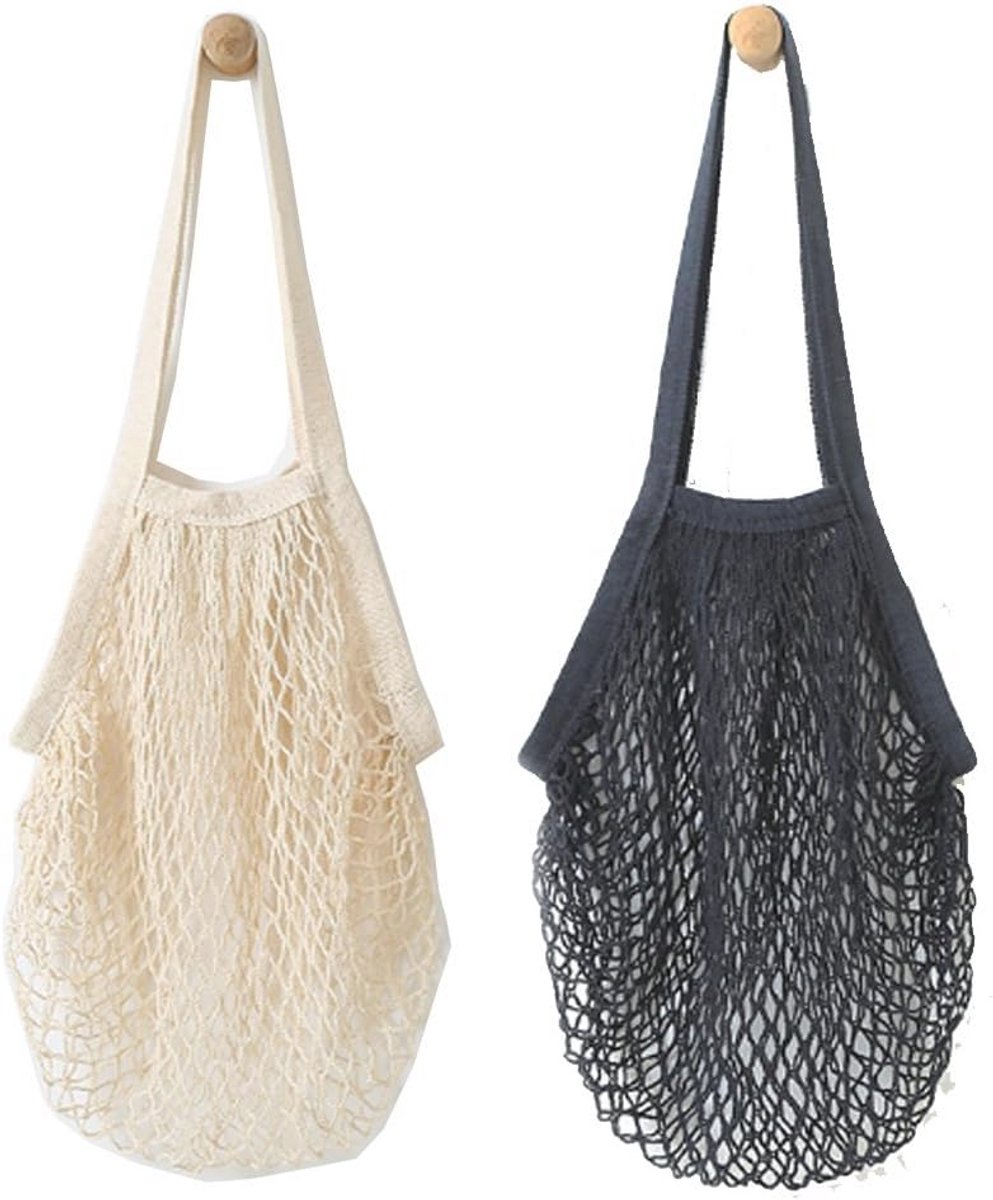 Metyou, herbruikbare boodschappentas, 2 stuks, van netstof, organizer, tas voor fruit, zwart, beige