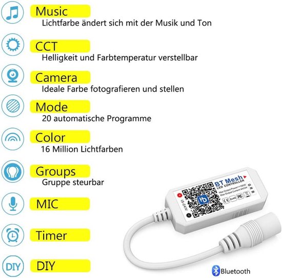 Bluetooth RGB LED-controller voor Android/iOS, dimmer voor LED-strips en lichtkettingen, 16 miljoen kleuren, geluid geactiveerd — afbeelding 5