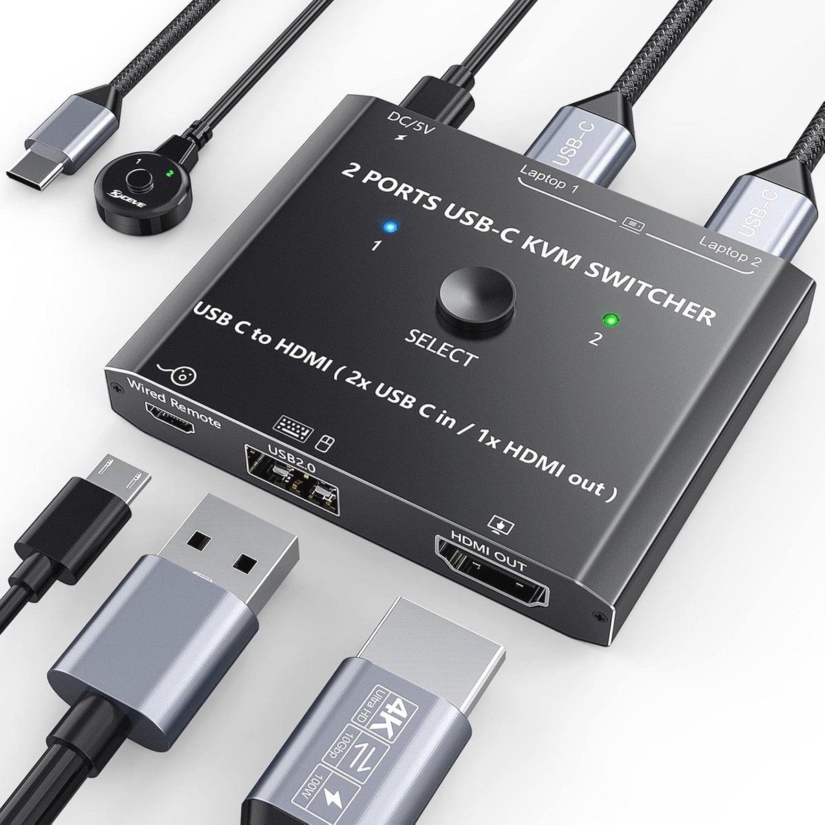 4K USB Type C KVM Switch voor 2 Laptops met HDMI-uitgang en Bedrade Afstandsbediening