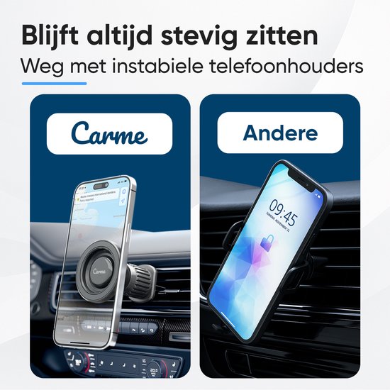 Vergelijking van een stabiele CarMe telefoonhouder met een instabiele telefoonhouder van een ander merk in een auto.