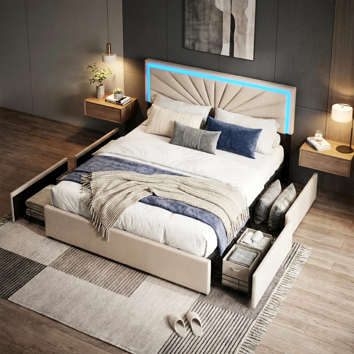 ADFBL Bed met Lades 140x200 Beige - Linnen Bedframe met RGB LED & 4 Opberglades | Sunburst Design