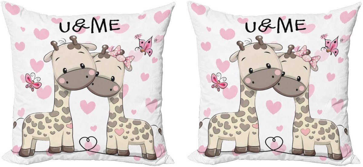 ABAKUHAUS Dier Kussenhoes Set – Decoratief 40x40 cm – 2x Dubbelzijdig Digitaal bedrukt – Multicolor Giraffen & Harten Wit
