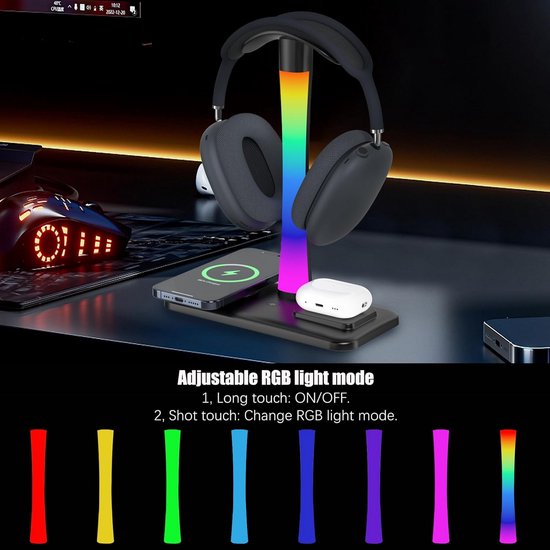 Headset Standaard met RGB Verlichting en Draadloze Oplader van Merkloos — afbeelding 5