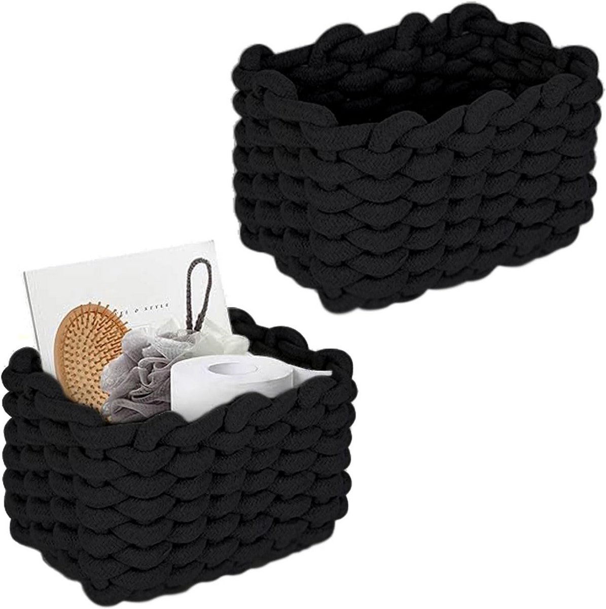 Set van 2 Gevlochten Opbergmanden van Katoenen Touw - Zwart
