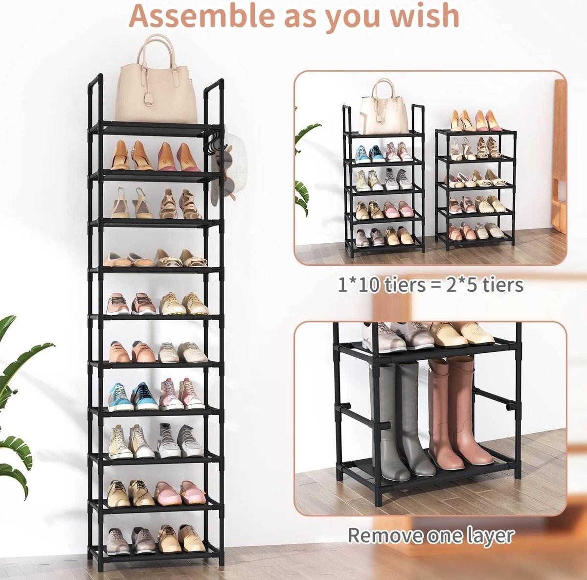 Stunq® Schoenenrek - 10 niveaus - schoenenorganizer - 20-25 paar - open schoenenkast - hoog - schoenenstandaard - smal - schoenenopslag - hal woonkamer - slaapkamer
