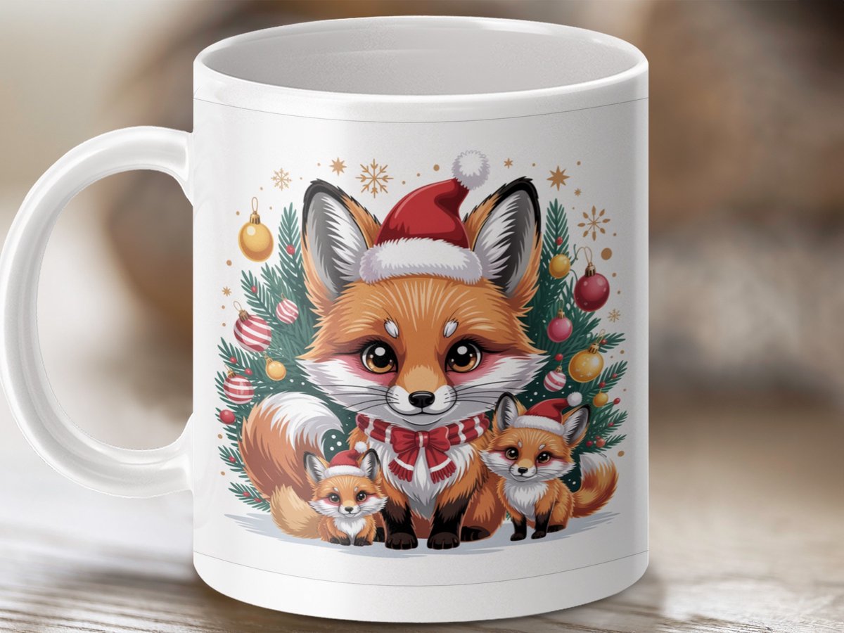 Mok Kerst Fox Familie, feestelijke mok, Holiday Fox mok, Cadeau mok, Winter mok, Schattige mok, Kerstcadeau, Kerst decoratie mok
