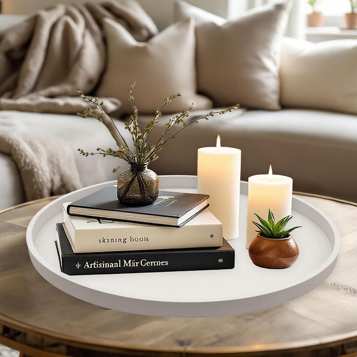 XL Decoratief Rond Dienblad op Poten 38cm Wit Houten Plateau — cadeau in Wonen & Interieur - foto 3