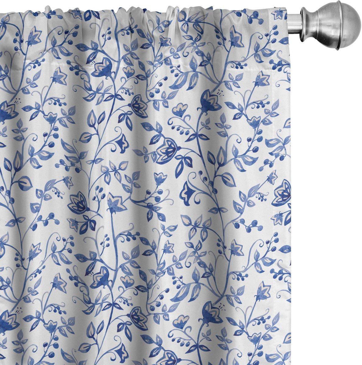ABAKUHAUS Aquarell Gordijnen – 2x75x245 cm – blauw-witte bloemen – microvezel