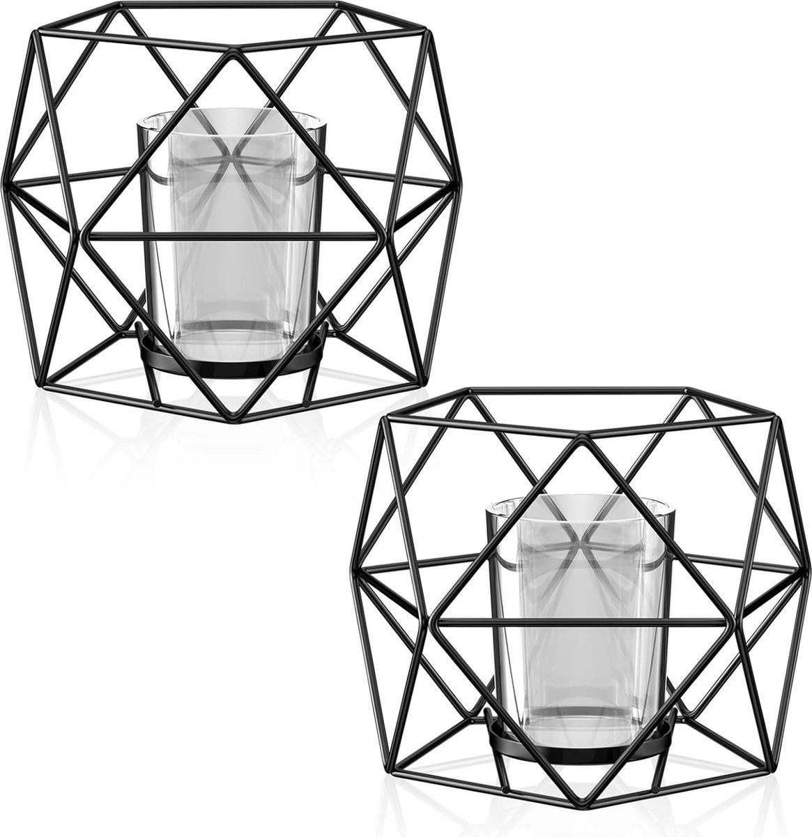 Stunq® 2 stuks theelichthouders, kaarsenhouder, metaal, zwart, geometrische kandelaar, vintage, holle ijzeren kaarsenlantaarnhouder, stompkaarsenhouder voor tafeldecoratie, feest, bruiloft,