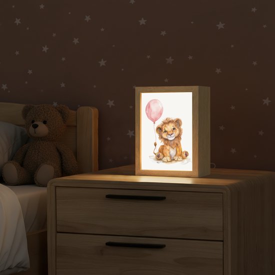 Nachtlampje 15x20 cm - Kinder lampje - Leeuw - Baby dier - Dieren - Roze ballon - Tafellamp kinderkamer - Slaapkamer lamp - Bedlamp kinderen - Kinderlampje stopcontact - Wandlamp babykamer - Nachtlampjes van Merkloos — afbeelding 2