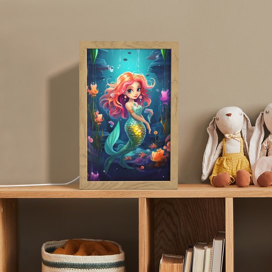 Nachtlampje 20x30 cm - Kinder lampje - Zeemeermin - Bloemen - Onderwater - Meisjes - Kind - Tafellamp kinderkamer - Slaapkamer lamp - Bedlamp kinderen - Kinderlampje stopcontact - Wandlamp babykamer - Nachtlampjes van OnlyWow — afbeelding 3