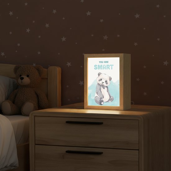 Nachtlampje 15x20 cm - Kinder lamp - Panda - Blauw - Quote - 'You are smart' - Tafellamp kinderkamer - Slaapkamer lamp - Bedlamp kinderen - Kinderlampje stopcontact - Wandlamp babykamer - Nachtlampjes van DecoAction — afbeelding 2