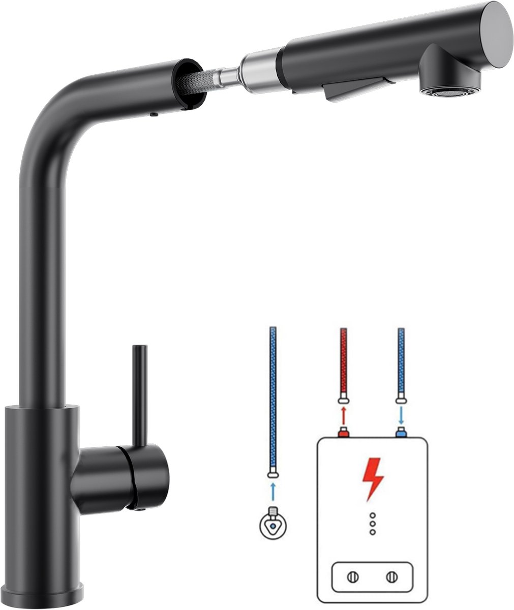 Lonheo max Keukenkraan - Keukenkraan Met Uittrekbare Uitloop - Lage druk- Handdouche - 360° Draaibare Keuken kraan - Zwart