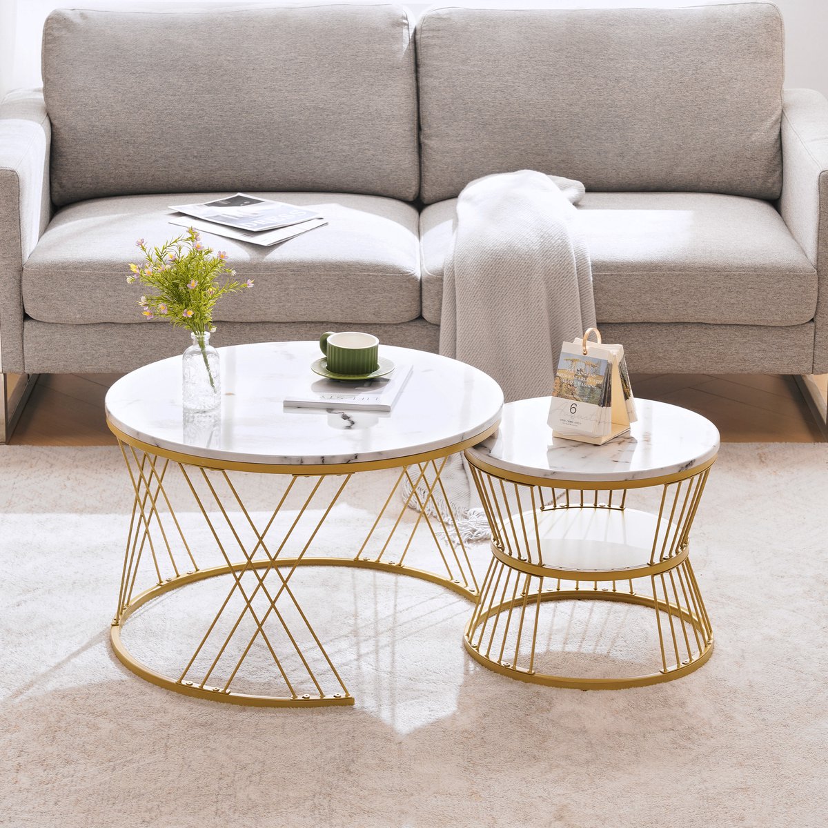 REDOM Set van 2 Salontafels 70x70x47 cm + 45x45x40 cm, MDF met hoogglans marmerprint, goud frame Wit