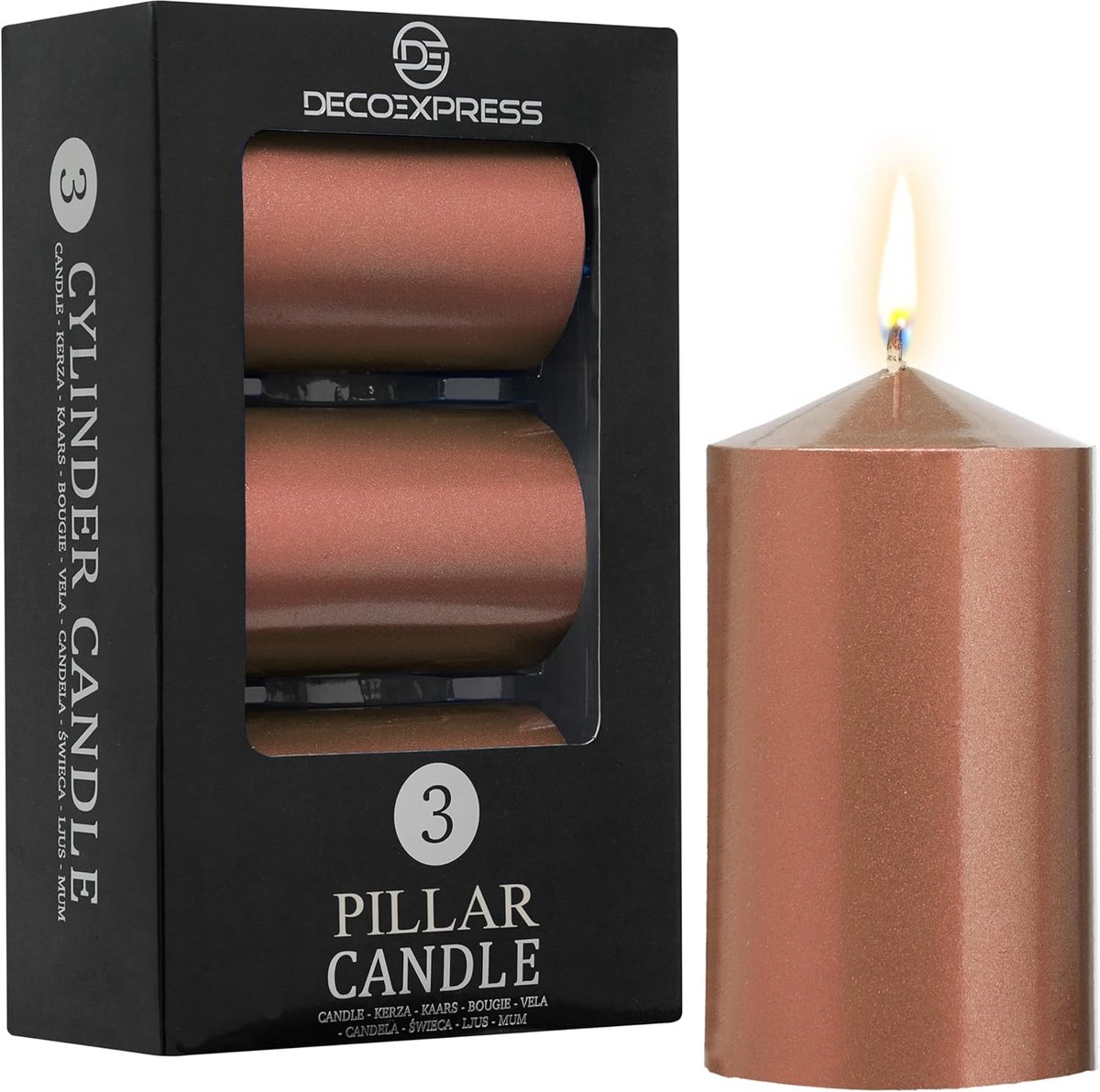 Pilarenkaarsen met Rustieke Metallic Afwerking, Pack van 3, 30 Uur Brandtijd, Geurloos