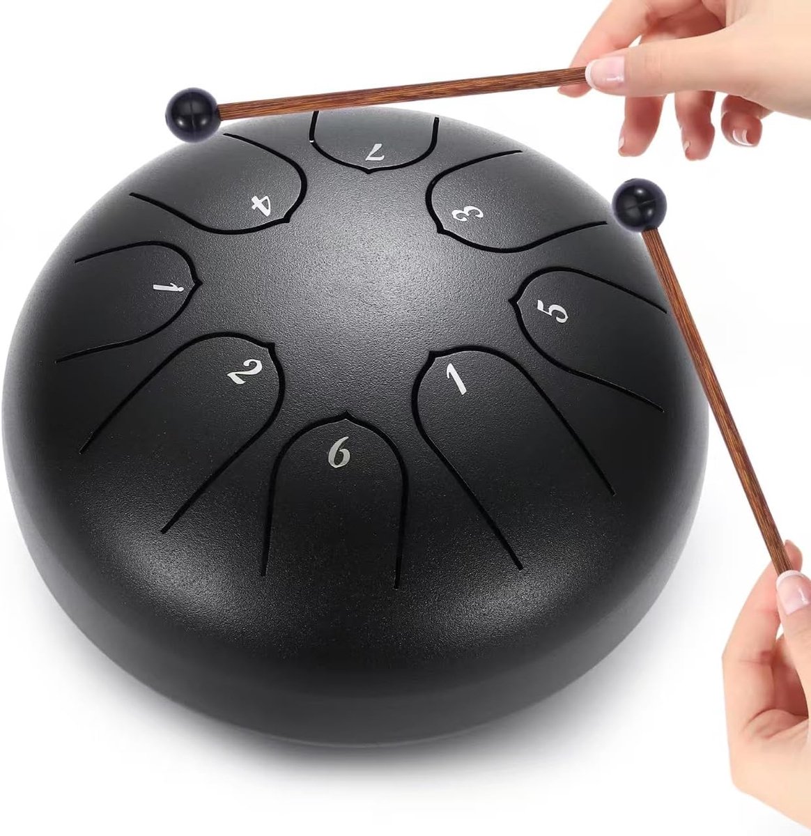 Tongdrum - 15 cm - 8 Tinten - Steel Tongue Drum - Zwart - Handpan voor Meditatie & Yoga - Tuinregentrommel - Inclusief Mallets