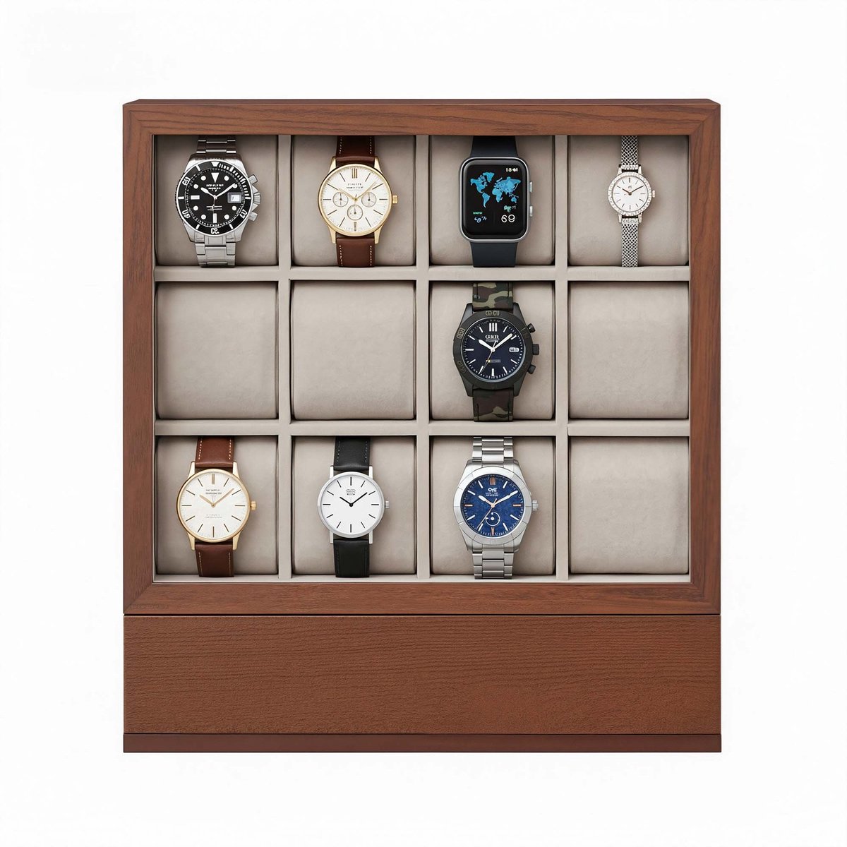 Horlogedoos - 12 vakken - Houtfineer - Met kijkvenster